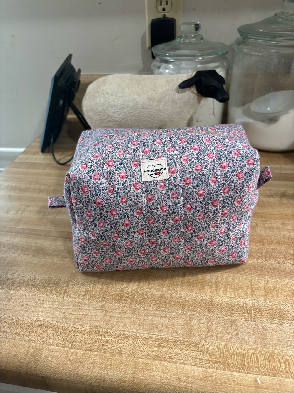 Floral Toiletry Bag - Pink Rose Print , quilted handmade